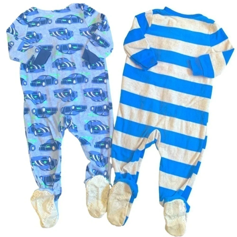 Carters Simple Joys Blue Green Striped Cars Fleece Onesie Footed Pajamas 12mos